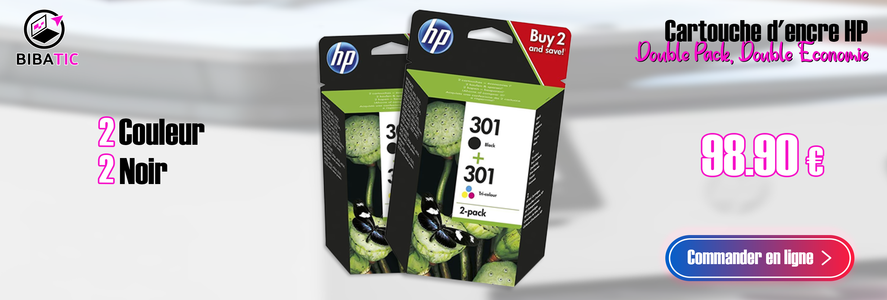 Pack promotionnel de cartouches d'encre HP 301 Multipack Noir(e) / Couleur (2x N9J72AE) - Économique et pratique pour votre imprimante HP